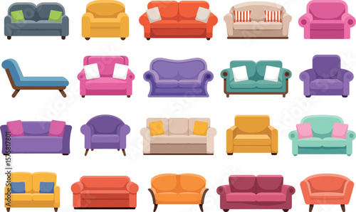 A collection of colorful sofas and armchairs displayed on a white background in a grid pattern


