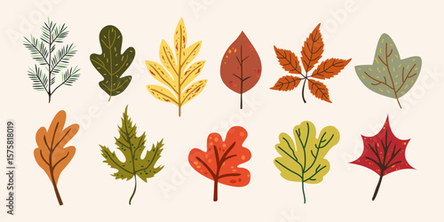 Abstract bright leaves of various shapes. Autumn season cartoon doodle elements collection. Botanic fall season hand drawn tree leaves set for seasonal design and holidays