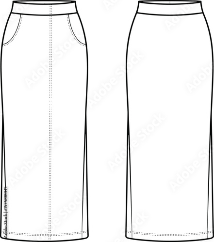 Long pencil skirt technical fashion flat, front back view, pocket seam detail, slim fit vector illustration, apparel cad garment sketch