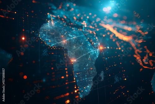 Africa's Digital Future: A Glowing Network of Connectivity and Innovation Illuminates the Continent, Representing Technological Advancement and Global Communication in the Modern Era.