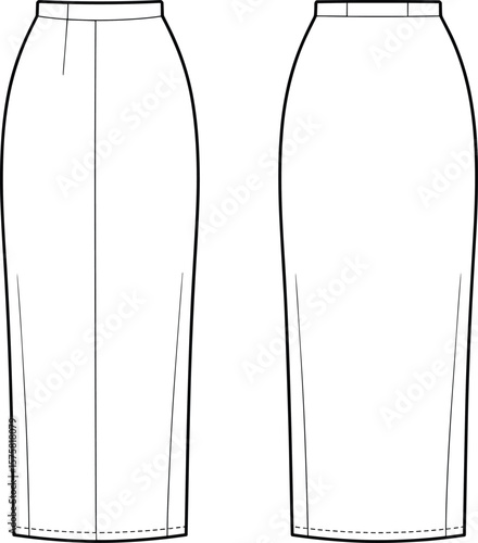 High waist long pencil skirt technical drawing, front and back view flat sketch, minimalist fashion design, slim fit vector illustration