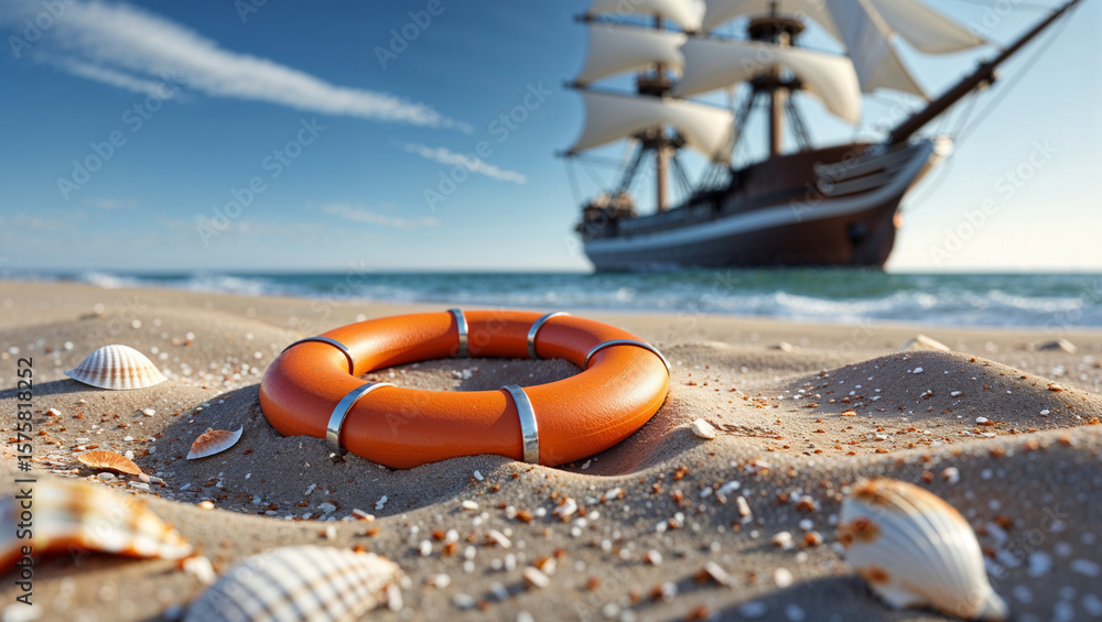 Obraz premium Life Ring on Beach with Sailing Ship in Background