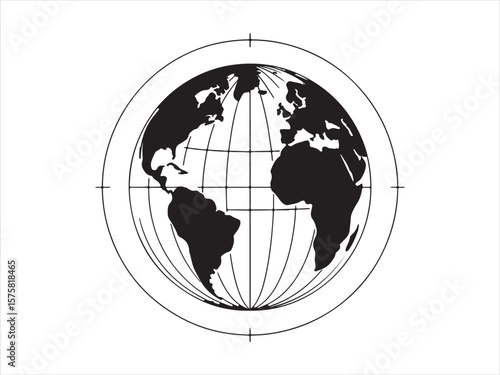 Stylized black and white illustration of planet earth with continents and grid lines
