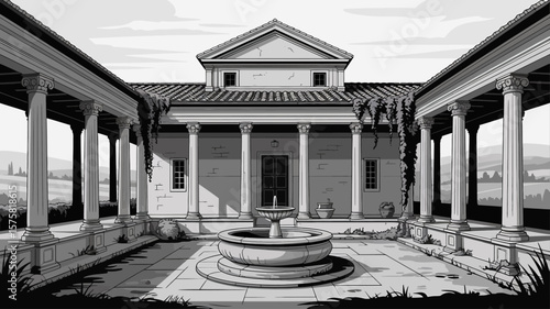 Ancient roman villa courtyard with peristyle and central fountain in black and white