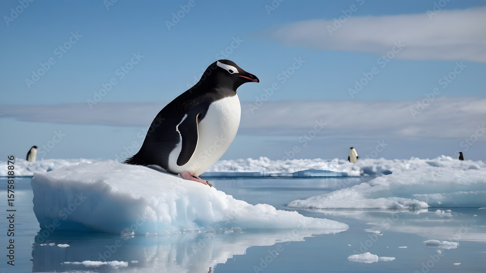 Obraz premium A lone Snowy Sheathbill stands alert on a drifting ice floe under a pale blue sky