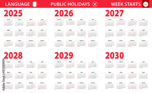 2025-2030 year calendar in Italian language, week starts from Sunday.