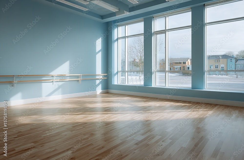 Obraz premium Bright and Spacious Dance Studio Featuring Wooden Flooring, Light Blue Walls, and Wall-Mounted Barre