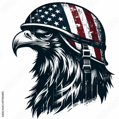 A Bald Eagle wear american flag print soldier helmet. Vintage Grunge Independence Day 4th of July Patriotic Usa America Retro Clipart. National bird donning stars stripes pattern trooper.