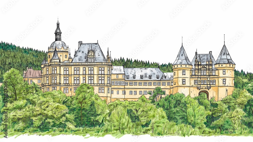 Fototapeta premium Detailed illustration of a stately castle nestled within a lush forest.