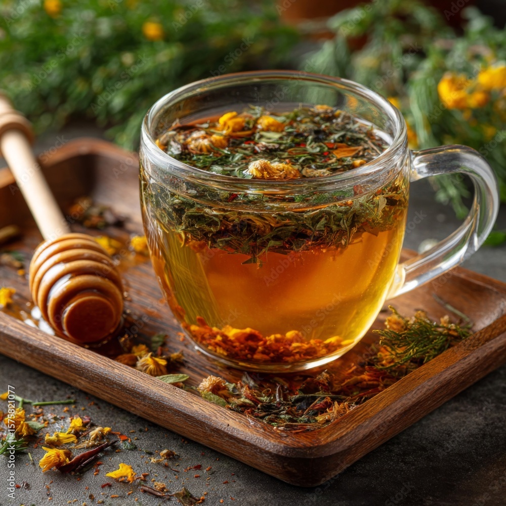 Fototapeta premium Herbal Tea with Honey in Glass Cup on Wooden Tray