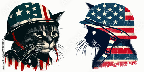A Domestic Shorthair Cat wear american flag print soldier helmet. Vintage Grunge Independence Day 4th of July Patriotic Usa America Retro Clipart. Feline in stars and stripes headgear kitty.