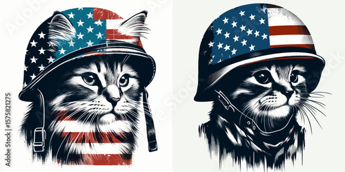 A Domestic Shorthair Cat wear american flag print soldier helmet. Vintage Grunge Independence Day 4th of July Patriotic Usa America Retro Clipart. Feline in stars and stripes headgear kitty.