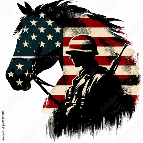 A Horse wear american flag print soldier helmet. Vintage Grunge Independence Day 4th of July Patriotic Usa America Retro Clipart. Equine donning stars and stripes motif trooper headgear.
