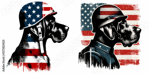 A Great Dane Dog wear american flag print soldier helmet. Vintage Grunge Independence Day 4th of July Patriotic Usa America Retro Clipart. Large hound dons headgear with stars and stripes.