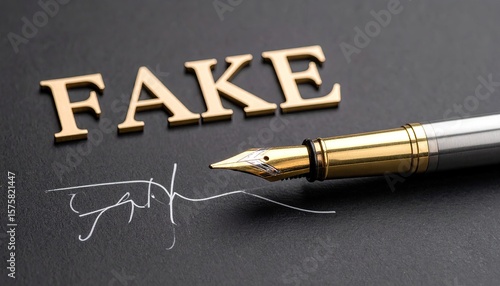 Fake signature, pen on dark surface