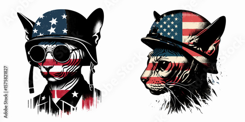 A Sphynx Cat wear american flag print soldier helmet. Vintage Grunge Independence Day 4th of July Patriotic Usa America Retro Clipart. Hairless feline dons banner pattern military head.