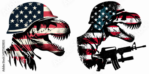 A T rex wear american flag print soldier helmet. Vintage Grunge Independence Day 4th of July Patriotic Usa America Retro Clipart. Giant reptile don stars pattern trooper headgear dinosaur.