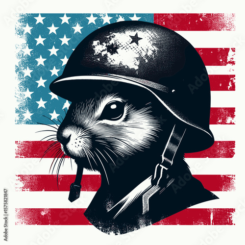 A Squirrel wear american flag print soldier helmet. Vintage Grunge Independence Day 4th of July Patriotic Usa America Retro Clipart. Rodent in star and stripe design trooper headgear.