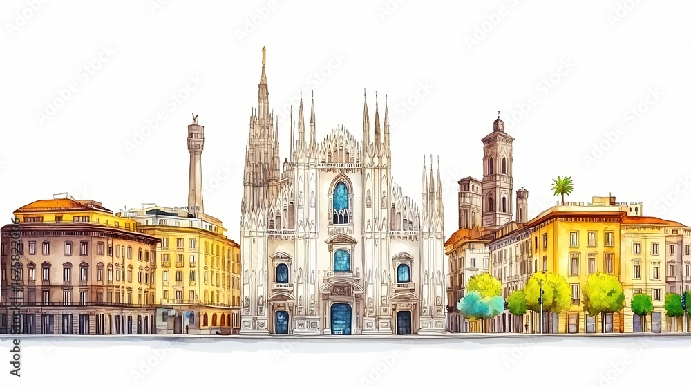Obraz premium Colorful illustration of milan's skyline, showcasing architectural details.
