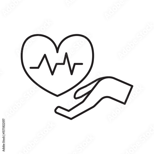 Life insurance icon with a heart and heartbeat held by a hand. Ideal for healthcare, medical support, safety, wellness protection, and insurance-themed visuals.