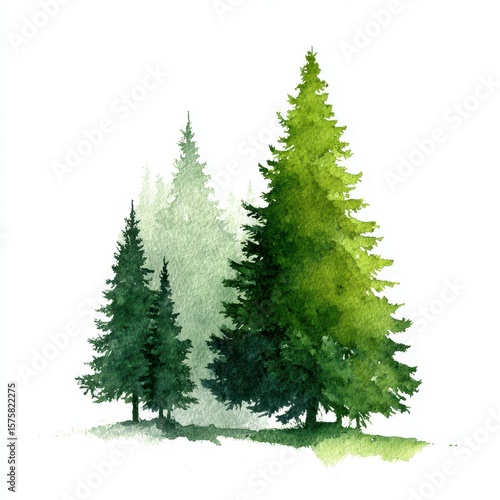 Beautiful watercolor depiction of evergreen trees in varying shades of green showcasing nature's tranquility