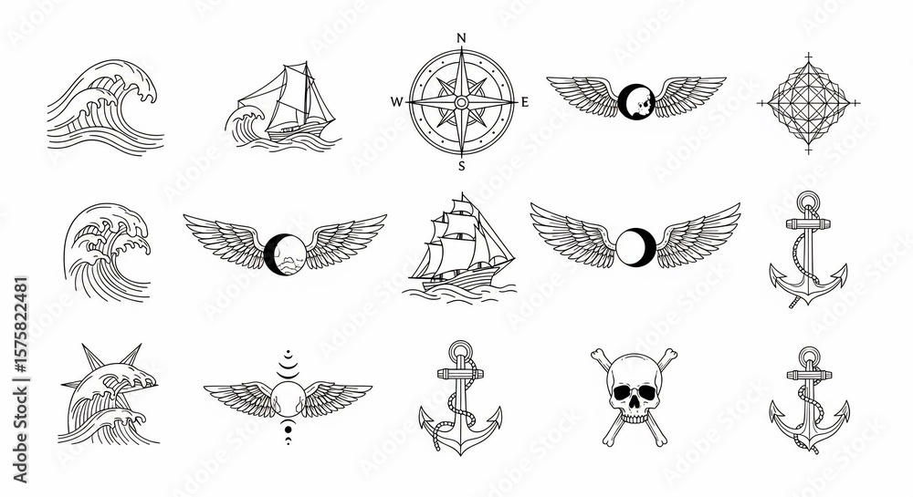 Fototapeta premium Nautical & Celestial Tattoo Flash Sheet: Waves, Ships, Anchors, Wings, and Skull Designs