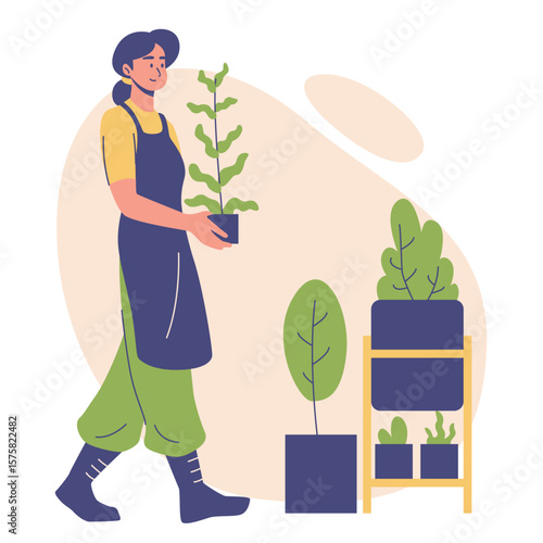 Women Gardener Caring Houseplant Character Cartoon Illustration