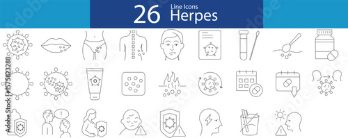 Herpes virus line icon set. Vector pictograms of genital, oral, lips, rash, swab, test, diagnosis, pill, medicine, cream, protection, condom, hygiene, sunlight, awareness, thin linear illustration
