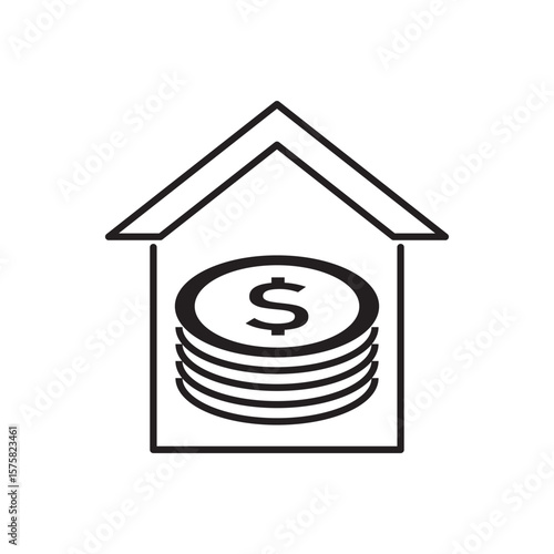 Line icon of down payment with coin stack inside house outline. Ideal for mortgage, real estate financing, housing investment, and home loan concepts.