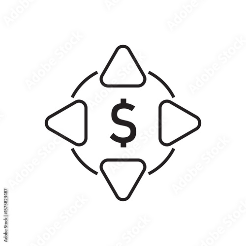 Outline icon of relocation cost with dollar sign and four directional arrows. Ideal for moving expenses, job relocation, budgeting, and financial planning visuals.