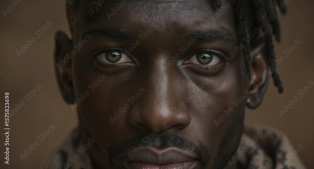 Close up of Black man face with green eyes looking at camera very calm with serious expression in soft brown light simple portrait showing skin texture and detailed eyes in natural color Close up of Black man face with green eyes looking at camera very calm with serious expression in soft brown light simple portrait showing skin texture and detailed eyes in natural color