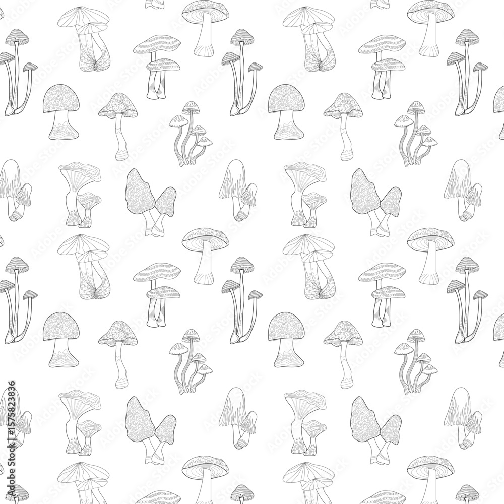 Fototapeta premium Seamless pattern mushrooms. Coloring mushrooms. Food and cooking concept can be used for menu, posters, logo. Design for print on fabric, wrapping paper, packing, wallpaper. Vector illustration
