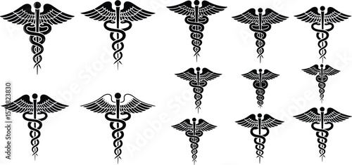 Set of black medical caduceus symbols, healthcare icons, medicine signs, pharmacy logos, health and wellness emblems, vector illustration collection