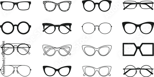 Collection of stylish black and white eyeglasses silhouettes, various frame shapes and designs, vintage and modern eyewear icons, isolated on white background