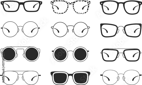 Set of trendy eyeglasses and sunglasses icons, black and white outline styles, modern fashion accessory collection, minimalist vector illustration, isolated design elements.