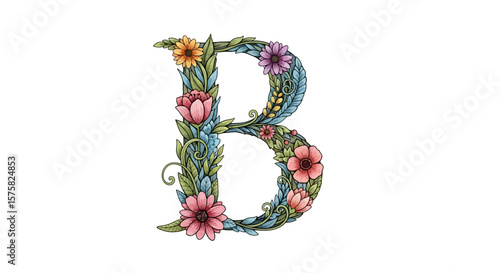 Vector floral letter b illustration, botanical alphabet design with colorful flowers and leaves for decoration 100