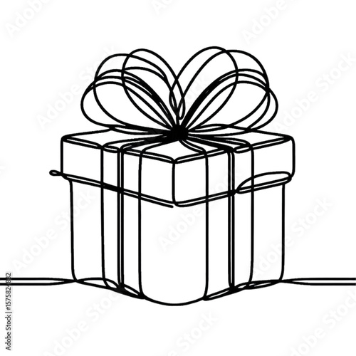 Continuous line drawing shows an elegant gift box with a ribbon, perfect for holiday designs, wrapping, or celebration themed projects.