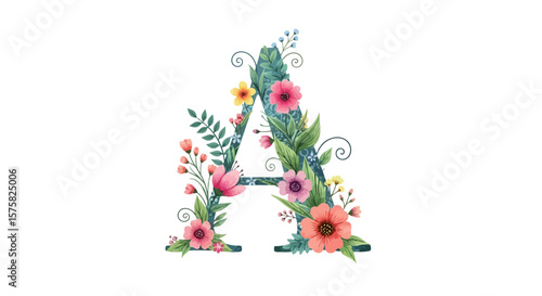 Vector floral letter a watercolor design alphabet initial with flowers and leaves for wedding invitations art print