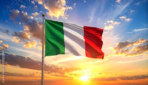 Italian flag, the Tricolore, waving proudly on a flagpole against a vibrant sunset sky. A symbol of Italian patriotism, European culture, and national identity.