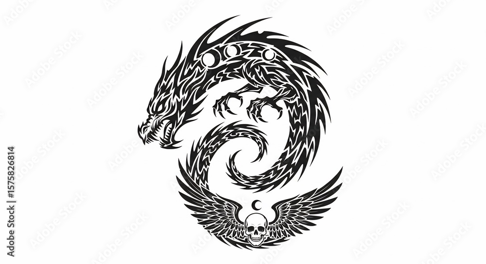 Obraz premium Tribal Dragon Tattoo Design with Skull and Wings, Black and White.