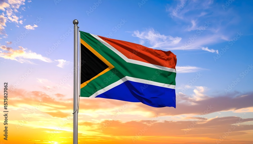 Fototapeta premium South African flag waving proudly on a flagpole against a vibrant sunset sky. The 'Rainbow Nation' flag is a symbol of unity, patriotism, and national identity.