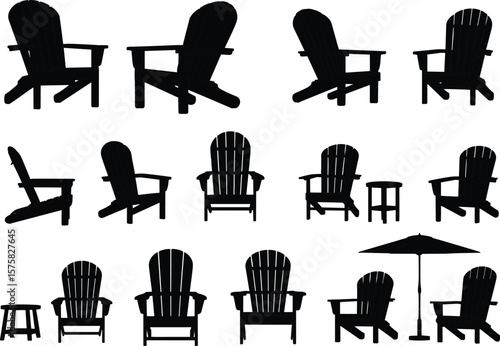Collection of modern Adirondack patio chairs, outdoor furniture, garden benches, wooden lounge seats, and patio umbrella in various angles for design use