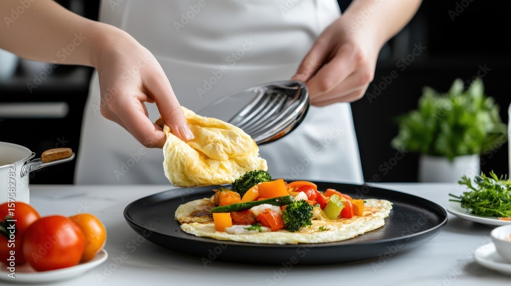 Person Carefully Placing Delicious Food on a Plate in Bright Kitchen Person Carefully Placing Delicious Food on a Plate in Bright Kitchen