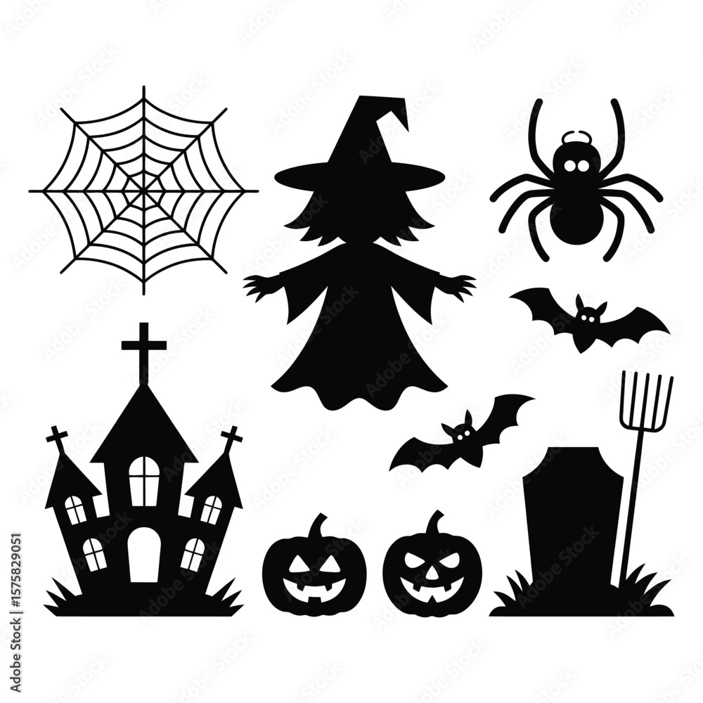 Halloween icons witch spider bats pumpkins church tombstone Halloween icons witch spider bats pumpkins church tombstone