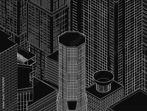 Black and white cityscape illustration features towering skyscrapers arranged in a precise grid pattern. The tallest buildings dominate the center while smaller structures flank the sides.