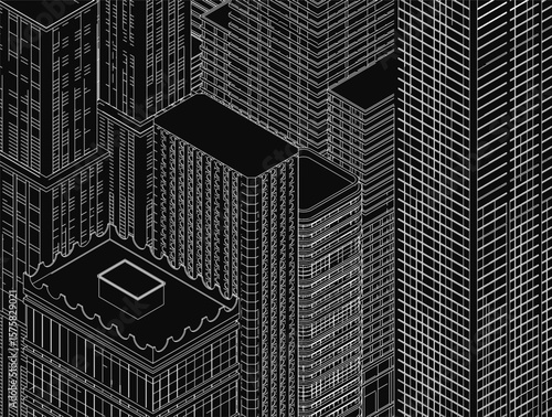 Black and white cityscape illustration features towering skyscrapers arranged in a precise grid pattern. The buildings create strong perspective lines and depth.