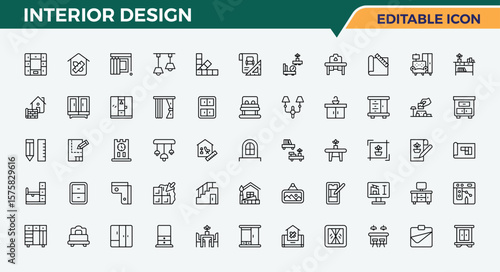 Interior Design icon set in linear style. Isolated icons. Interior icon set. Contains such symbols as design, construction, decor, furniture, house, architect, room and more.