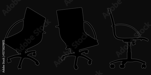 Three modern office chairs are silhouetted against a black background in a triangular formation. The tallest chair stands centrally, flanked by two smaller ones.