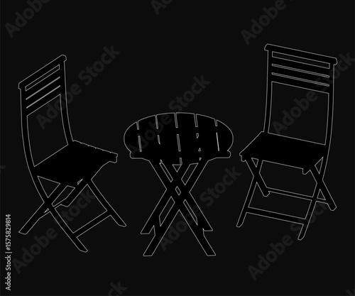 Three folding chairs with curved backrests and armrests surround a slightly larger table in a triangular formation. The black and white drawing features clean lines against a solid black background.