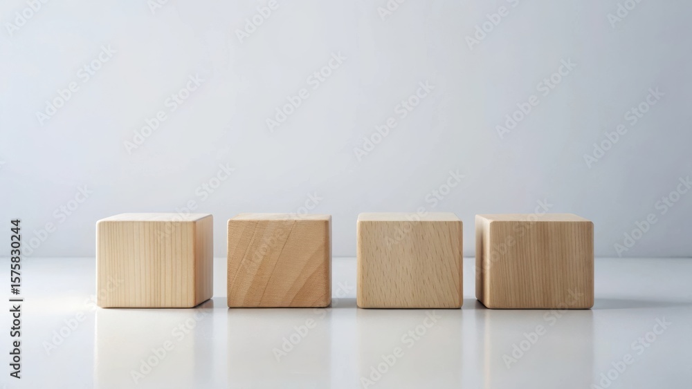 Obraz premium Clean minimal arrangement of four identical light-colored wooden blocks on a bright surface against a neutral backdrop